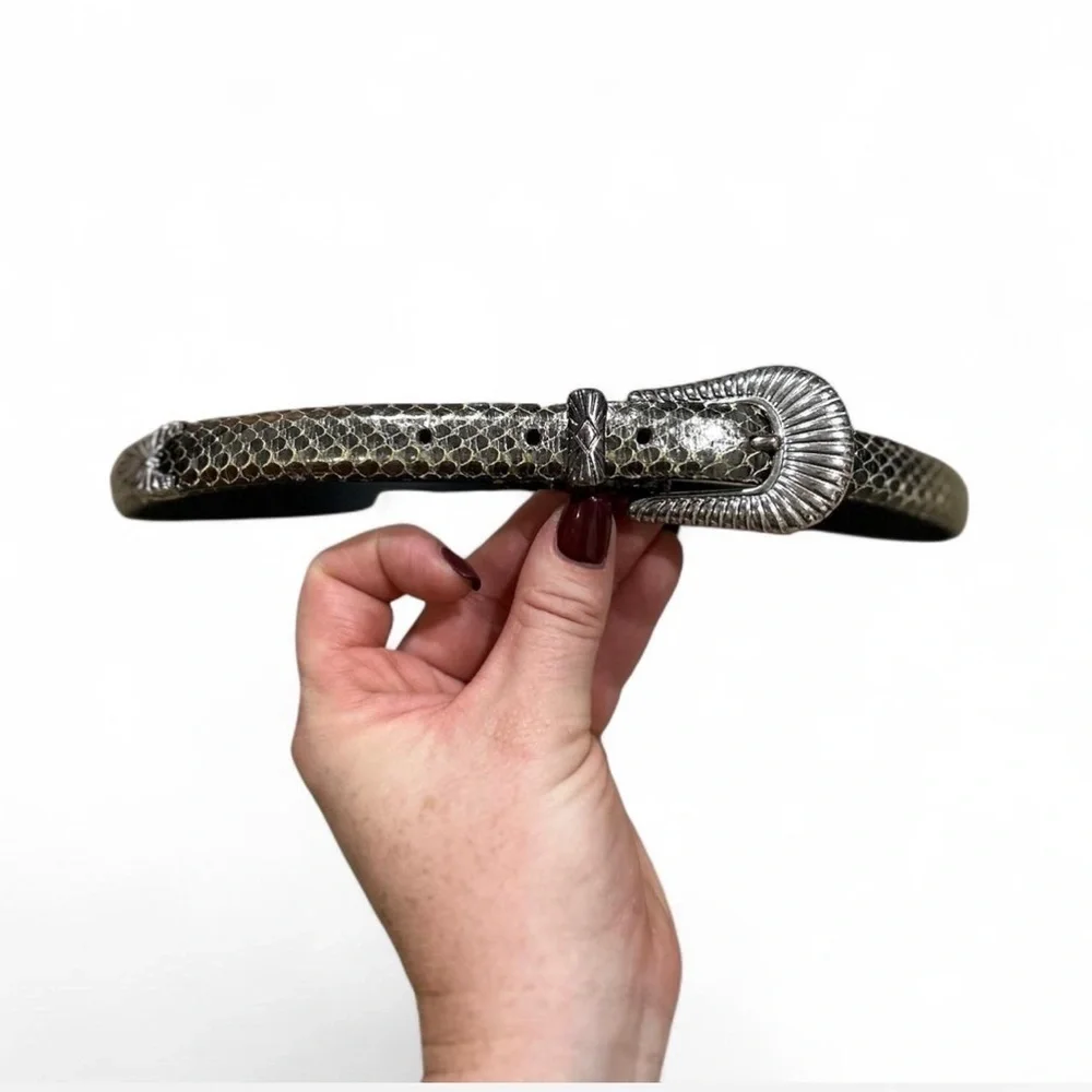 Metallic Yellow Black Leather Snake Print Belt Western Silver-tone Hardware Med.
